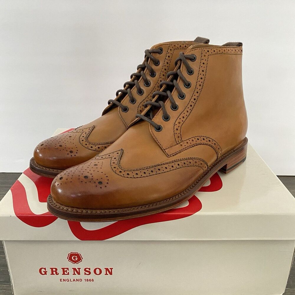 Grenson Sharp Boots Men US 12 UK 11 Brown Tan Leather Antique Brogue Wingtip NEW